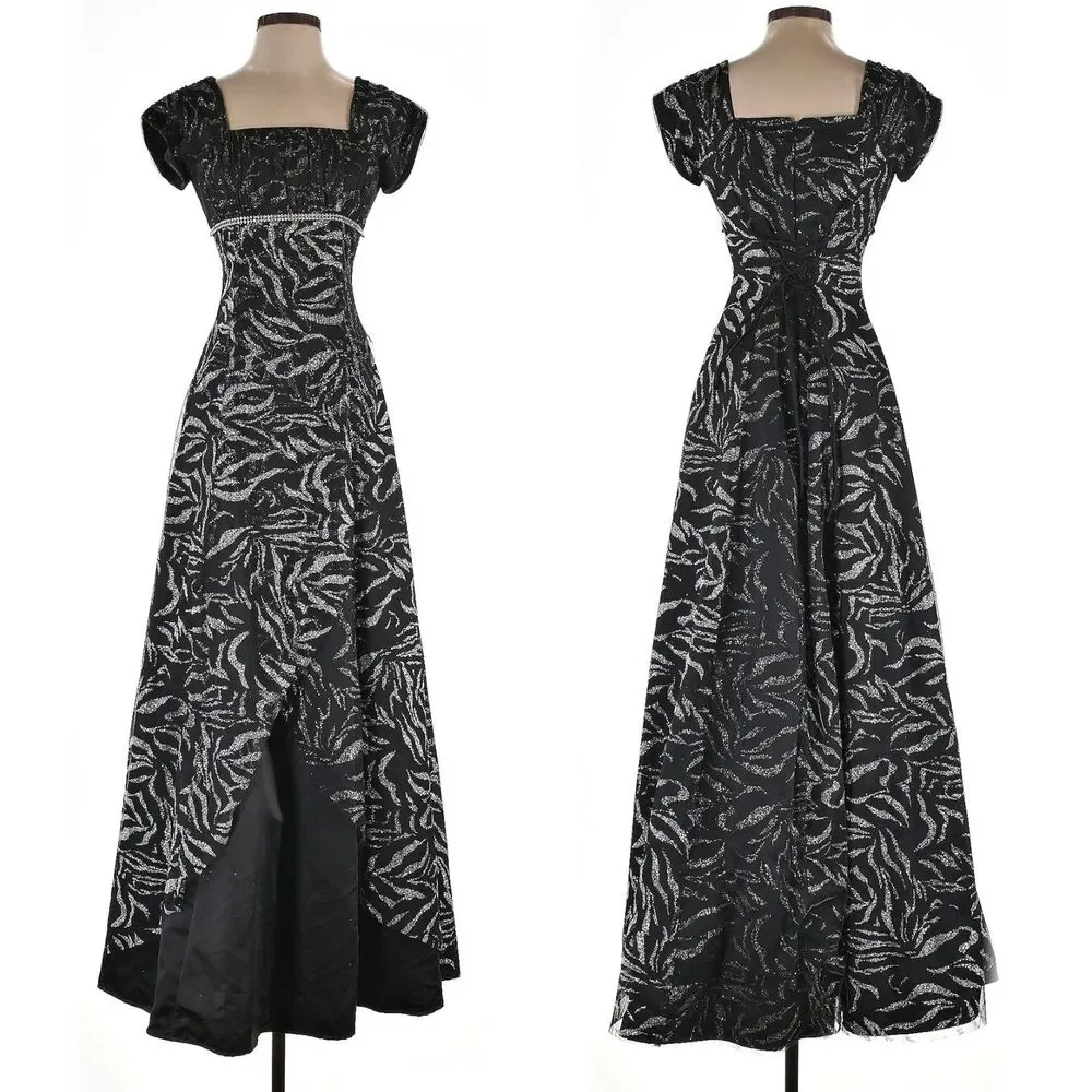 Vintage 90s Jody California Ball Gown Regency Empire Prom Dress Zebra Glitter - Picture 3 of 12